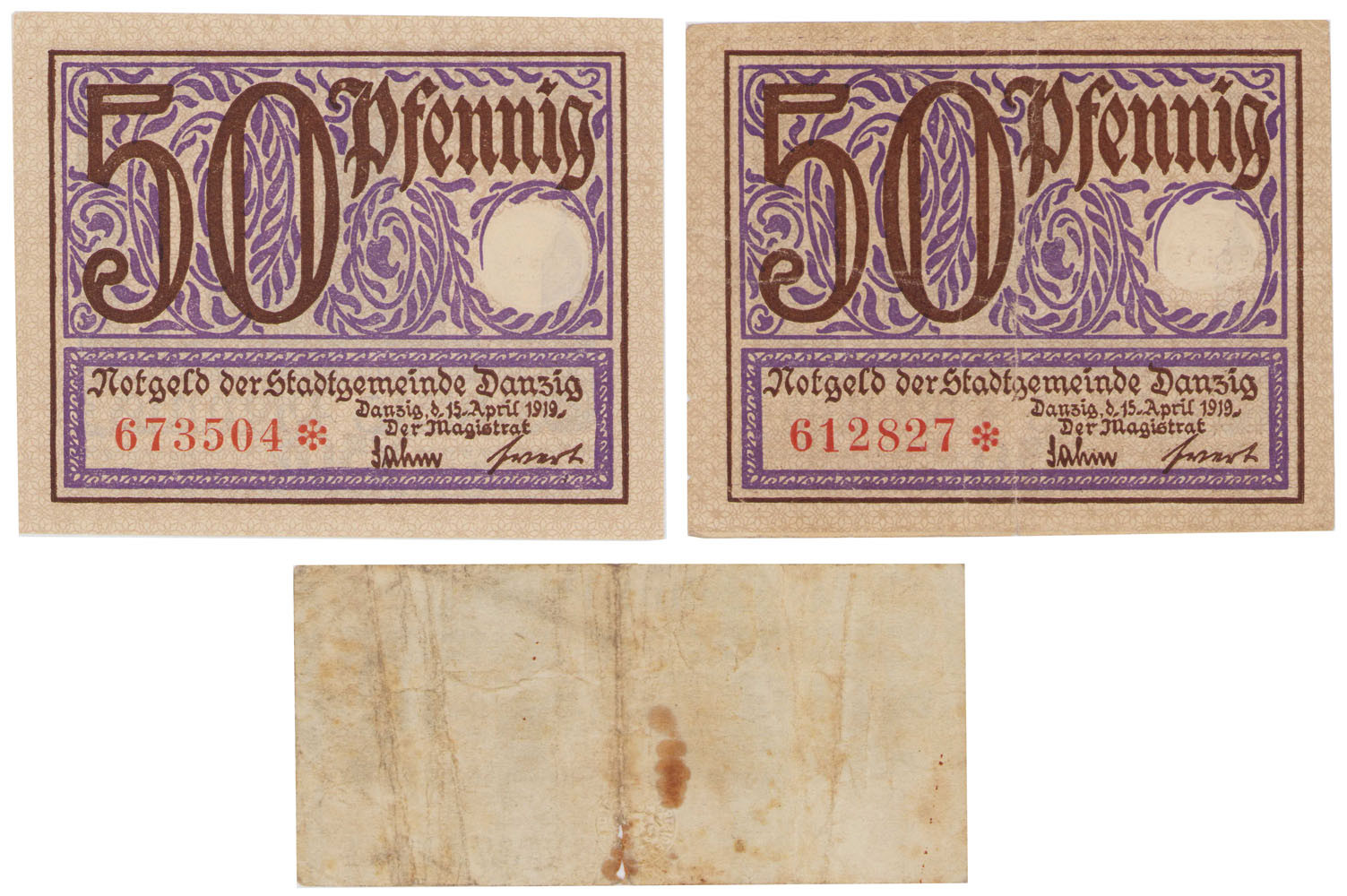 Prusy Zachodnie, Gdańsk. 50 fenigów 1919, 10 fenigów 1916, zestaw 3 sztuk
